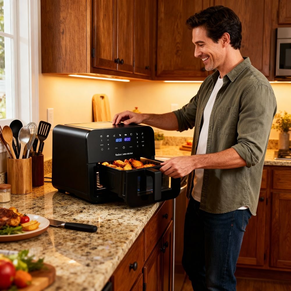 Airfryer FOXBOX AERIS 9000 DUO con doble cesta y panel táctil iluminado en una cocina moderna.