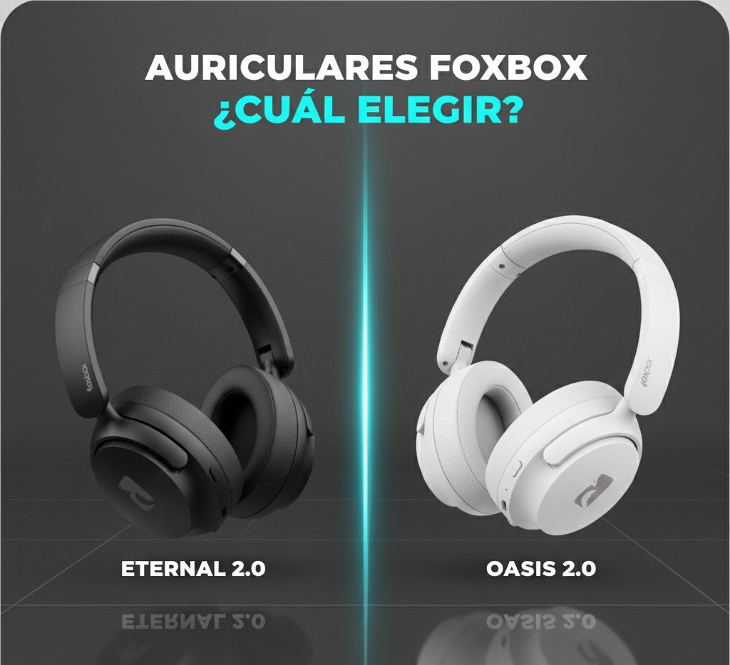 Auriculares FOXBOX Oasis 2.0 y Eternal 2.0 enfrentados sobre fondo neutro comparativo.