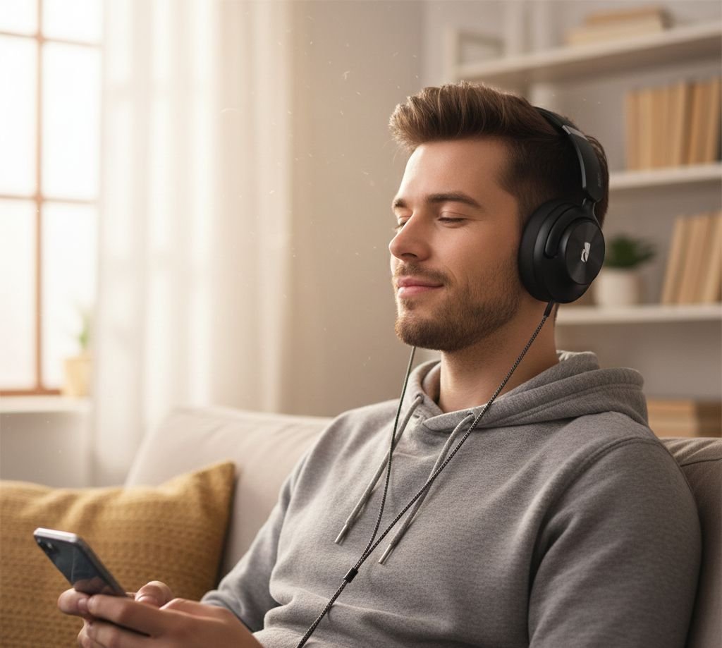 Persona disfrutando música usando auriculares FOXBOX Oasis 2.0 en un escritorio de home office.
