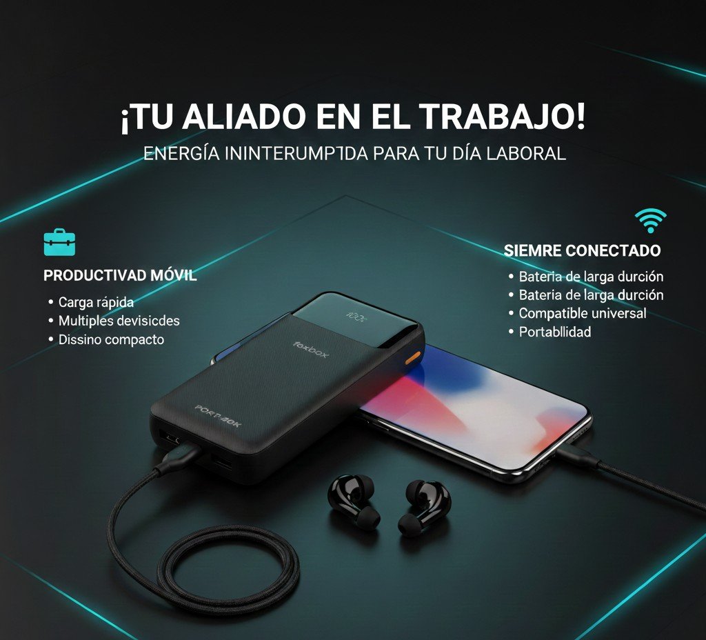 powerbanks FOXBOX PORT 10K y PORT 20K sobre escritorio tecnológico de trabajo con smartphone.