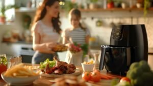 Air Fryer FOXBOX Genus Aeris 9000 DUO con panel táctil y doble cesta sobre mesada moderna.
