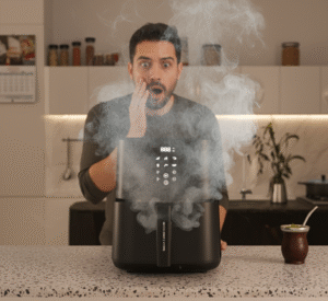 Usuario sorprendido mirando una Air Fryer FOXBOX abierta con humo por mal uso en cocina argentina.