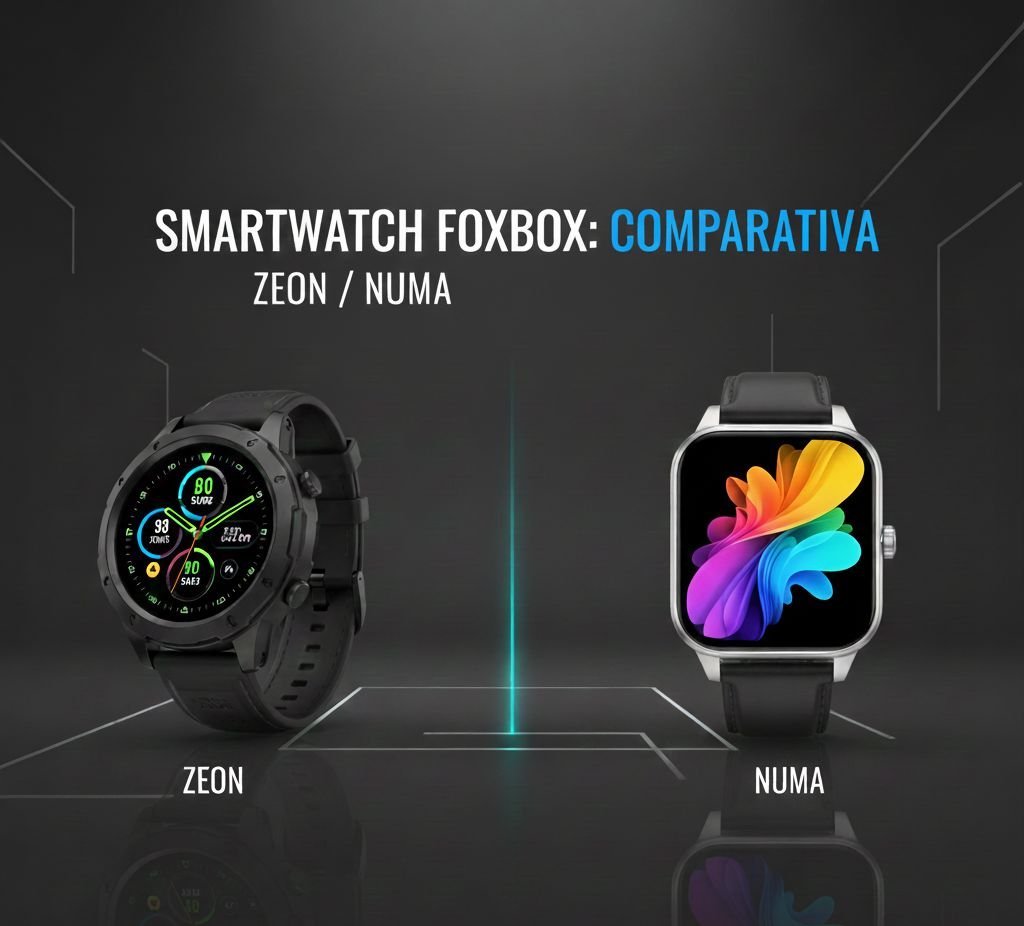 Smartwatch FOXBOX Zeon y FOXBOX Numa lado a lado sobre fondo técnico comparativo.