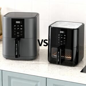 Comparativa entre Air Fryer FOXBOX Aeris 6000 NV (6L) y una versión 4L en una cocina argentina moderna.