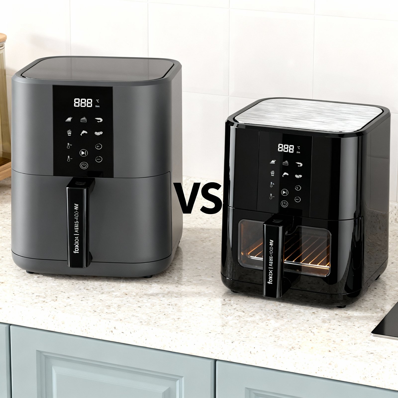Comparativa entre Air Fryer FOXBOX Aeris 6000 NV (6L) y una versión 4L en una cocina argentina moderna.