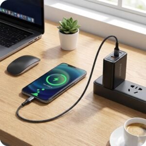 Smartphone cargando con cargador rápido FOXBOX MEGA sobre un escritorio moderno.