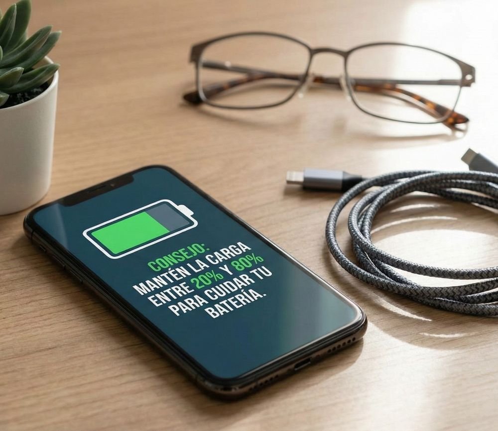 Smartphone cargando con cargador rápido FOXBOX MEGA sobre un escritorio moderno.