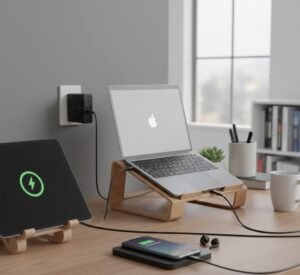 Cargador rápido FOXBOX MEGA100 conectado a un smartphone sobre un escritorio moderno.