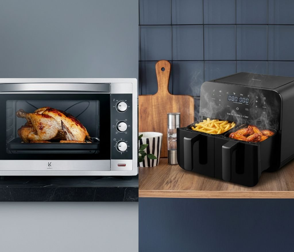 Freidora de aire FOXBOX AERIS junto a un horno eléctrico mostrando comparación de cocción.