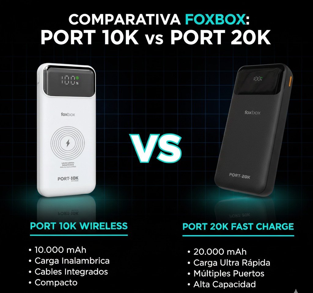 Comparativa técnica entre los powerbanks FOXBOX PORT 10K y PORT 20K.