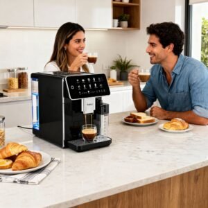 pareja preparando el cappuccino perfecto en la cocina de su casa