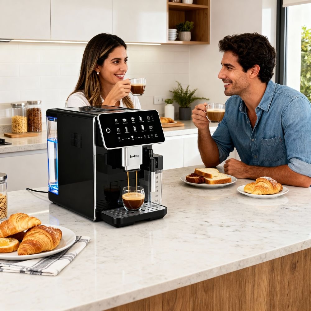 pareja preparando el cappuccino perfecto en la cocina de su casa